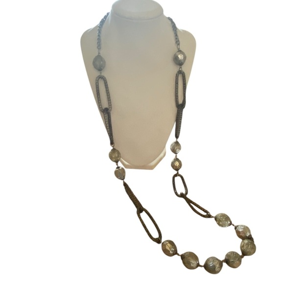 Vintage y2k vera wang long layering metallic Silver mesh chain beaded Necklace - Picture 1 of 6